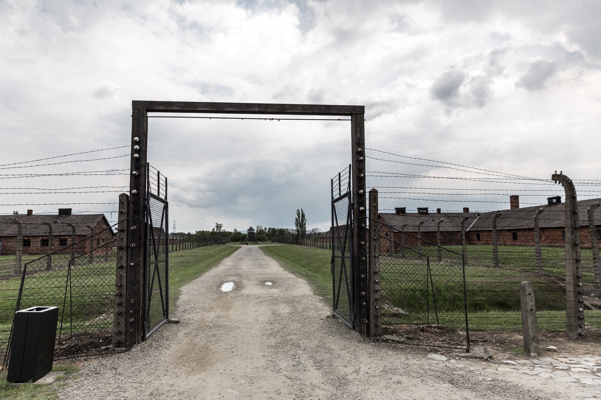 Gates and barbed wire fence, Auschwitz II